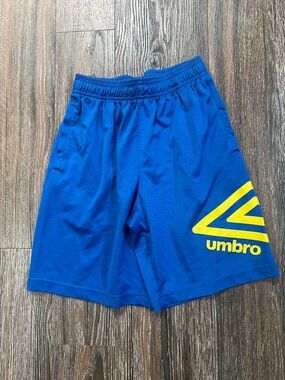 Boys Umbro Blue Athletic Shorts with Yellow Logo